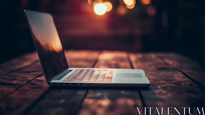 Slim laptop on wooden table under shallow depth sunset bokeh
