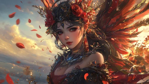 Autumn winged enchantress with crimson floral coronet design.