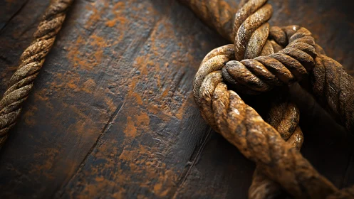 Weathered rope knot rests on rustic, timeworn wood surface.