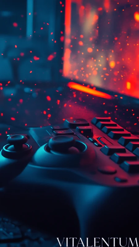 Cozy gaming controller glowing in neon red and blue light.