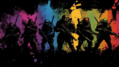 Tactical squad silhouettes layered over multicolor grunge spectrum