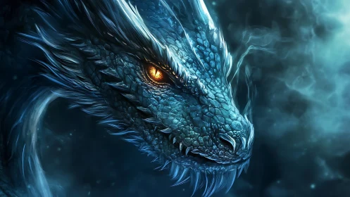 Frostscale dragon gazes through stormlit sapphire fog.