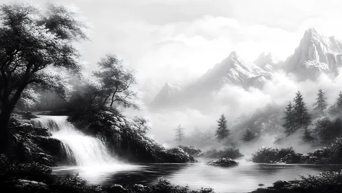 Silver hush over waterfall valley and drifting cloud peaks.