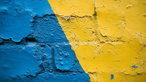 Bold blue and yellow abstract textured wall with rough surface.