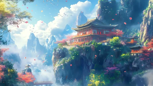 Mountain temple complex crowns misty cliffs in spring bloom.