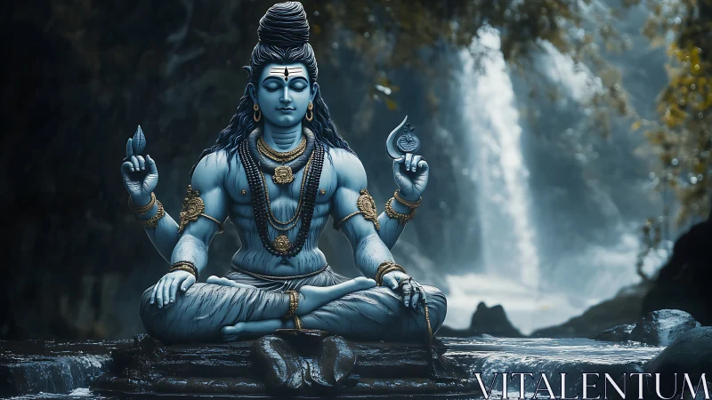 Blue deity statue meditates before misty forest waterfall