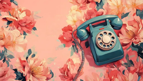 Retro teal rotary phone resting in painted floral field.