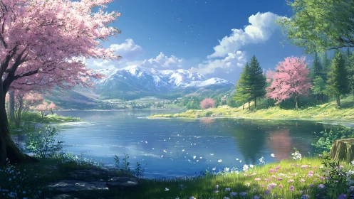 Gentle spring lake reflects cherry blossoms and soft peaks