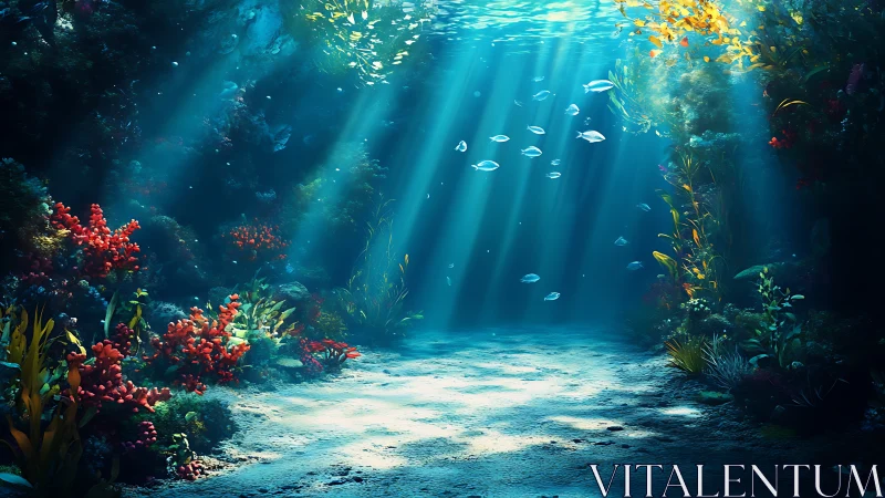 Sunlit coral reef corridor shows fish swimming through beams