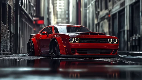 Lowered red muscle car in wet neon city alleyway.