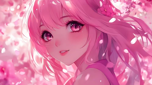 Pink-haired anime girl smiles amid drifting cherry petals.
