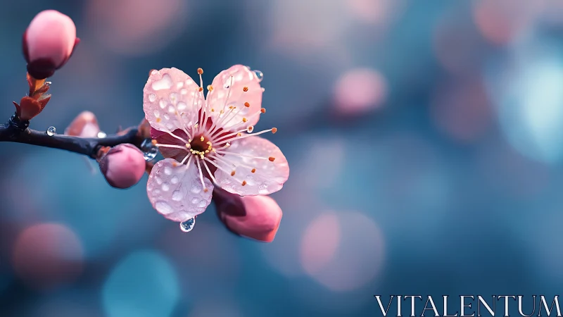 Macro view of dewy pink blossom on blurred blue bokeh.
