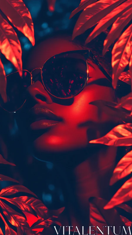 Neon-lit portrait hides face behind glossy tropical foliage