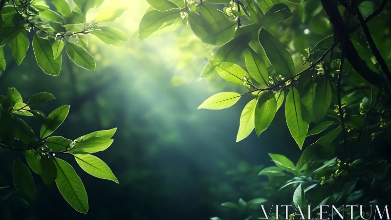 Sunlit forest leaves in soft green atmospheric glow.