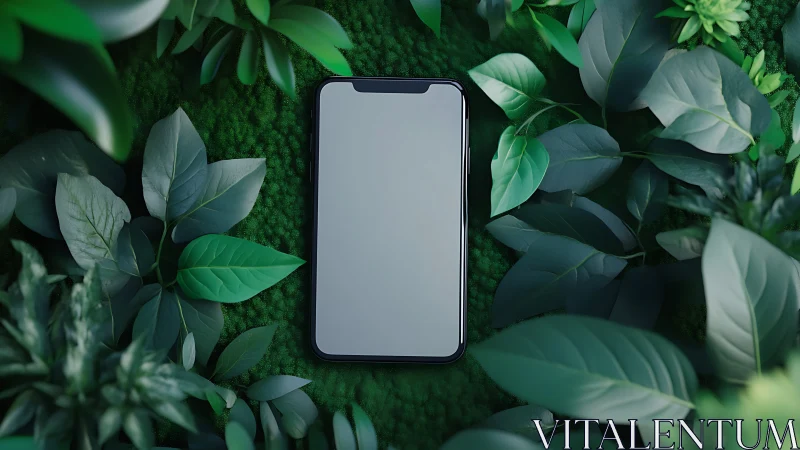 Smartphone screen lies centered amid dense glossy green foliage