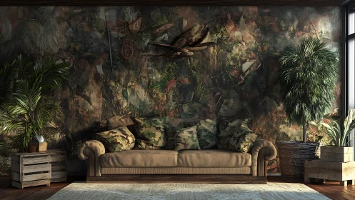 Camouflage cushions lounge quietly beneath a jungle mural