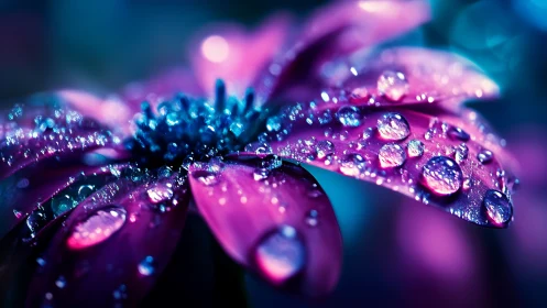 Macro surface with water droplets under neon illumination displaying chromatic separation