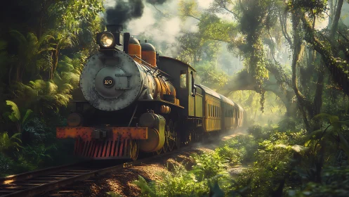 Digital painting of vintage jungle train in atmospheric light.