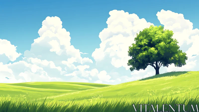 Digital landscape shows lone tree on grassy hillside under clouds