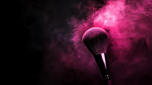 Cosmetic powder brush dispersing magenta pigment in low key