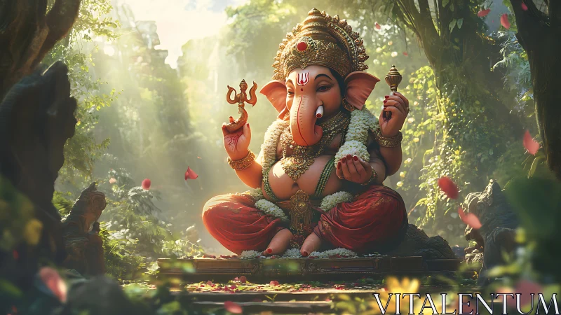 Radiant Lord Ganesha seated in a sunlit jungle sanctuary.