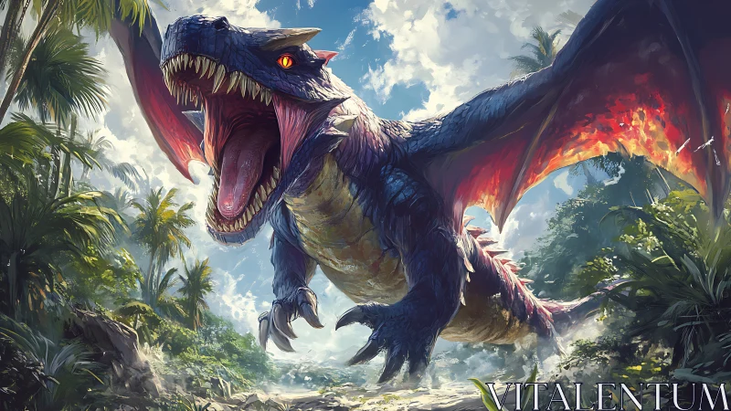 Firewing dragon lunges over tropical jungle clearing.