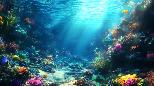 Radiant coral reef biome under volumetric caustic sunlight.