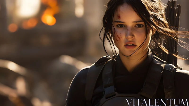 Battle-worn archer framed in shallow depth with cinematic backlight