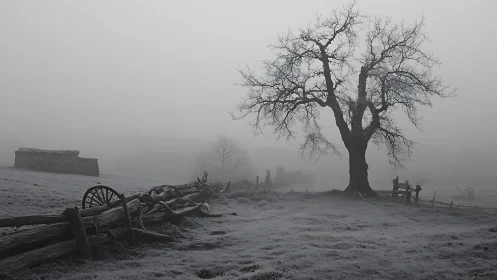 Fog-laden frosted pasture with bare tree and decayed fence line.