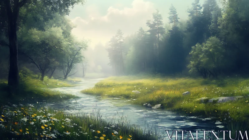 Luminous Forest Stream with Volumetric Atmospheric Rendering and Layered Depth Composition
