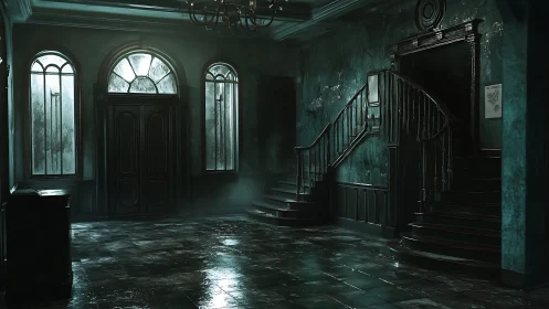 Cinematic haunted foyer interior with decayed stairwell design.