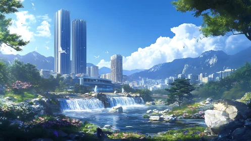 High-rise biophilic cityscape with terraced riverine waterfalls.