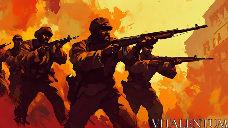 Tactical infantry advance amid incendiary urban color fields.