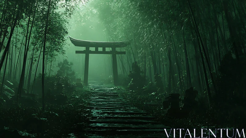 Emerald torii gate guarding a mist-veiled bamboo pathway.