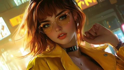 Neon-lit portrait of cyber-noir girl in reflective yellow coat