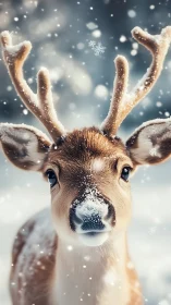 Young reindeer stands in falling snow with frost on antlers