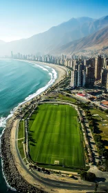 Coastal football stadium aligns with urban shoreline and hills