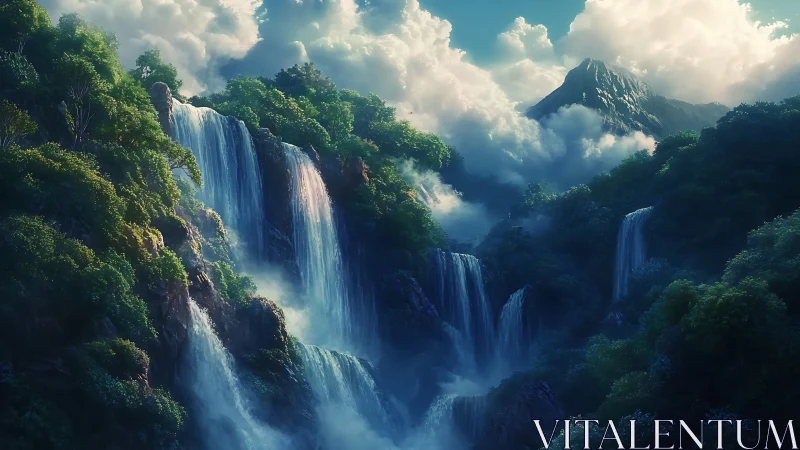 Digital landscape depicts tiered waterfalls in dense forest valley