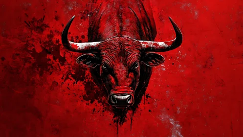 Fierce crimson bull emerges from splattered abstract red void