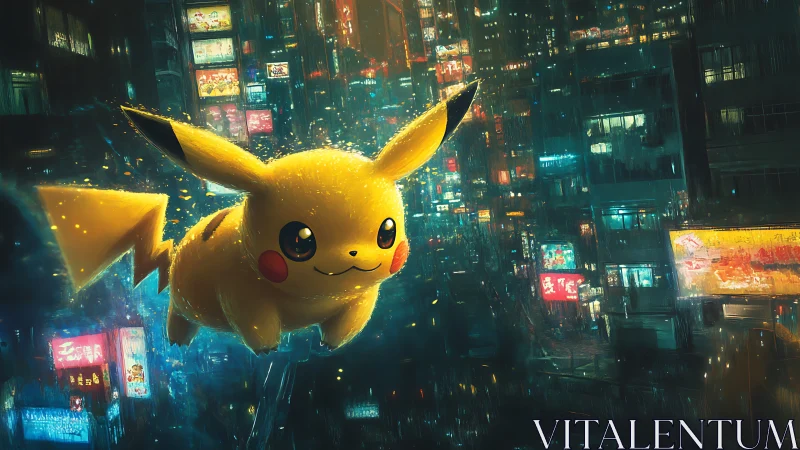 Pikachu soars through neon city rain in electric wonder