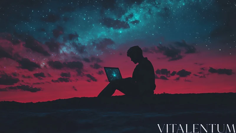 Silhouette of a night coder beneath a neon galaxy sky.