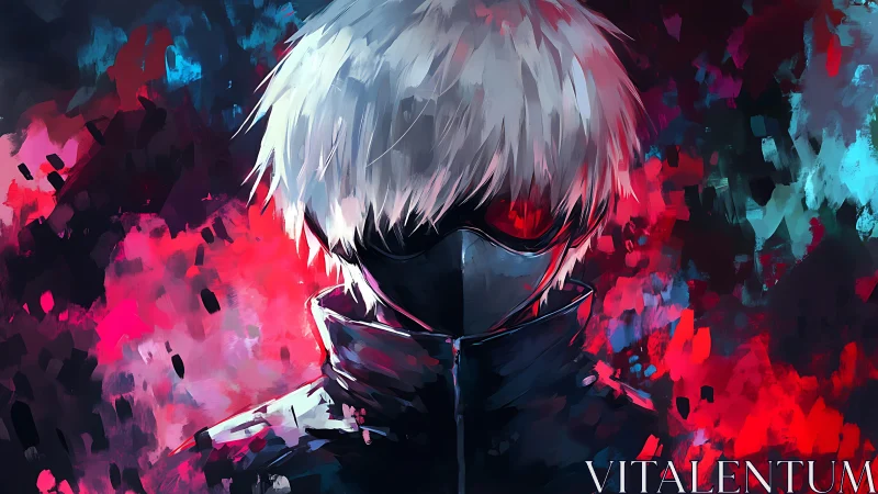 Masked white-haired figure stands in neon red blue chaos