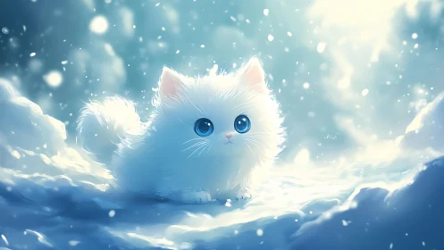 White fluffy cat with blue eyes sitting in snowy clouds