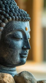 Stone Buddha sculpture profile with rocks in soft light.