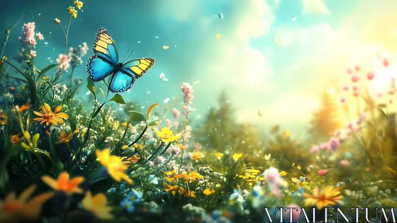 Radiant blue butterfly drifts above a glowing wildflower meadow