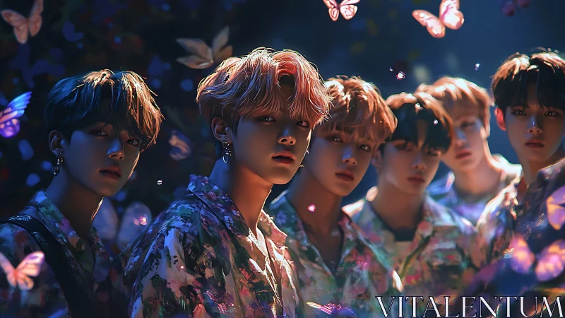 Midnight butterfly glow around dreamy pop band portraits.