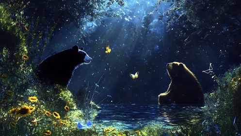 Moonlit bears share a quiet forest pond with glowing butterflies