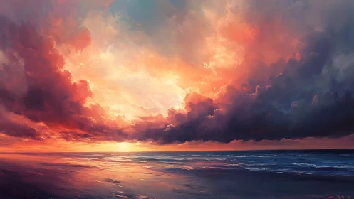 Sunset storm clouds ignite reflective ocean horizon glow.