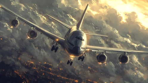 Widebody jetliner descending through stormlit cumulonimbus sky