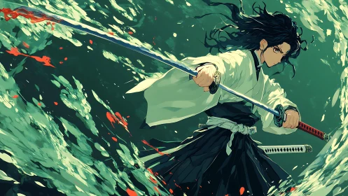 Dynamic anime swordsman amid abstract aqueous motion study.